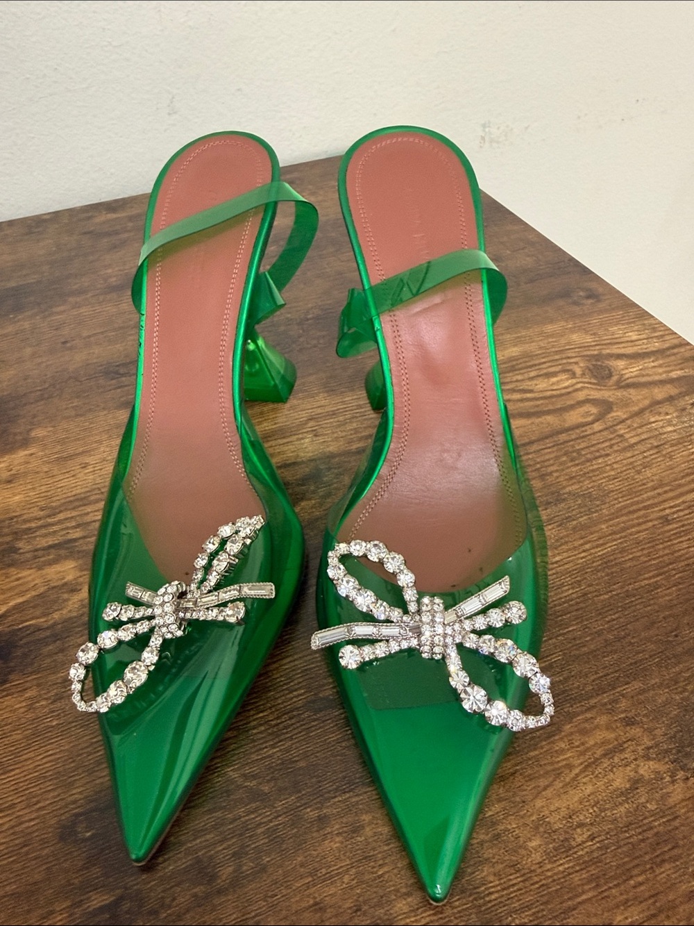 Amina Muaddi Green Patent Pointed Slingback Heels with Crystal Bow
